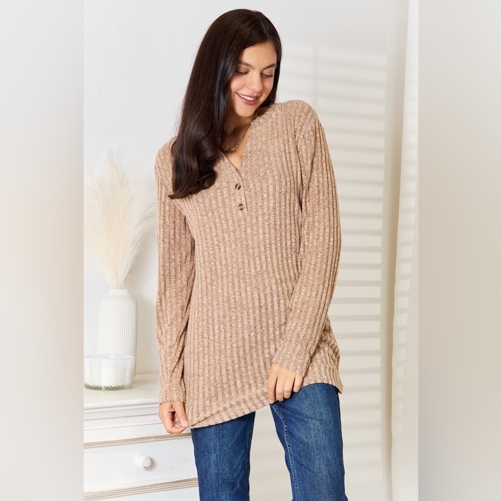 NEW**-Double Take Notched Neck Ribbed Long Sleeve T-Shirt OFFERS WELCOME